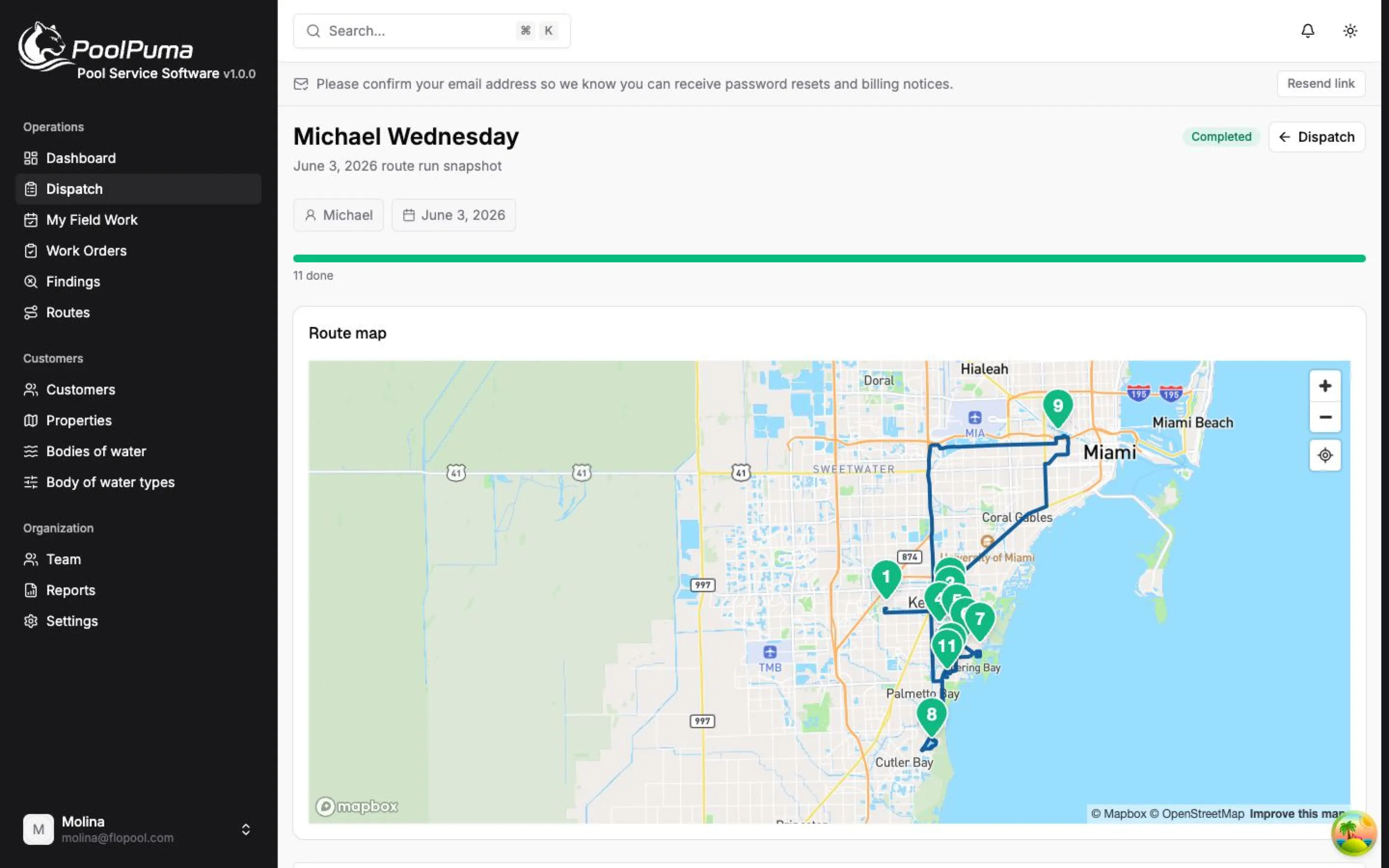 PoolPuma dispatch board showing today's route runs with live technician progress.
