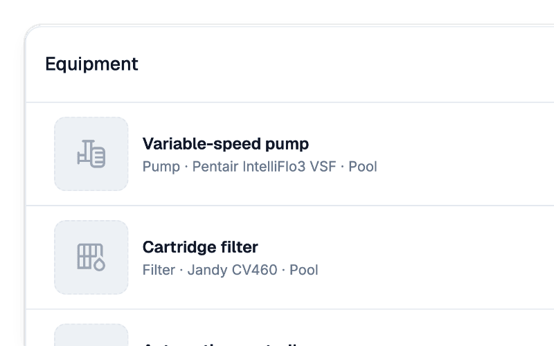 Equipment list with a variable-speed pump and a cartridge filter, each with its make and model.