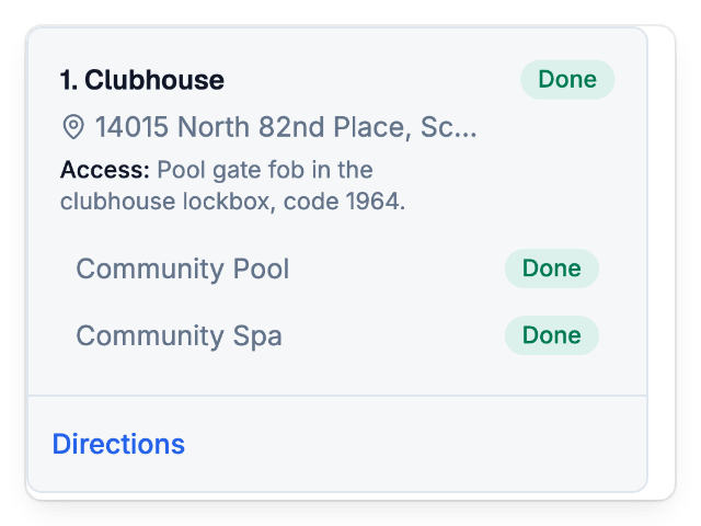 A finished stop on a technician's phone with the community pool and spa both marked done.