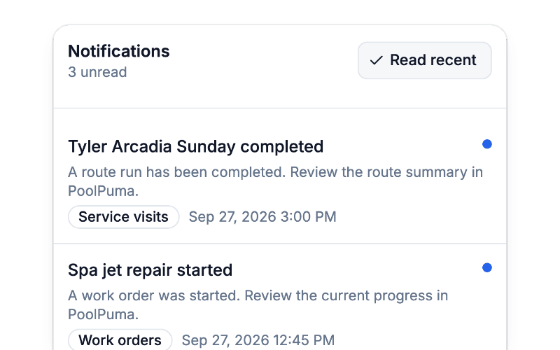 Notifications for a completed route and a spa jet repair that just started.